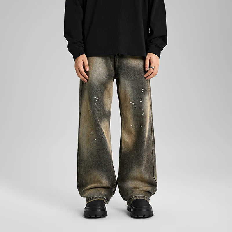 Tie-dye Splash-ink Loose Straight Leg Wide Leg Fashion Men's Loose Designer Baggy  Vintage Stone Washed Jeans Pants for Men
