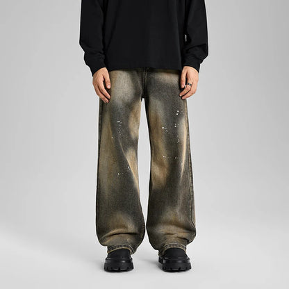 Tie-dye Splash-ink Loose Straight Leg Wide Leg Fashion Men's Loose Designer Baggy  Vintage Stone Washed Jeans Pants for Men