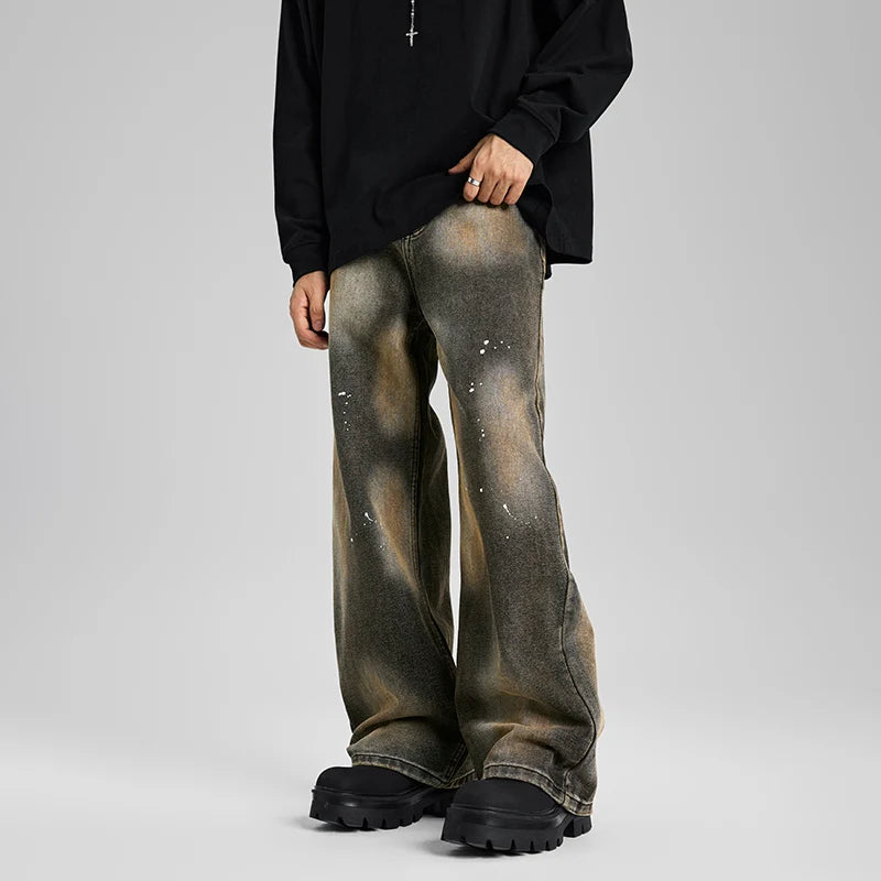 Tie-dye Splash-ink Loose Straight Leg Wide Leg Fashion Men's Loose Designer Baggy  Vintage Stone Washed Jeans Pants for Men