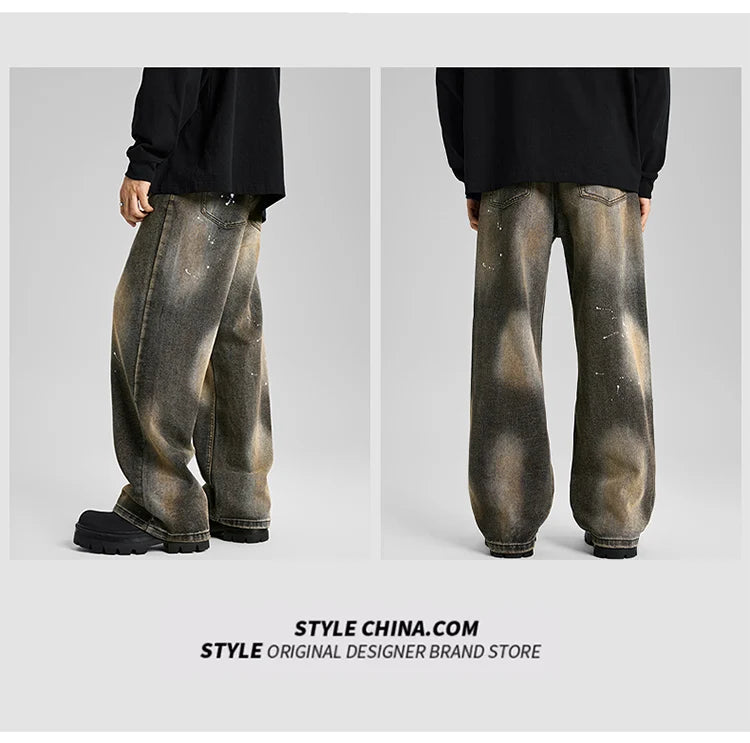 Tie-dye Splash-ink Loose Straight Leg Wide Leg Fashion Men's Loose Designer Baggy  Vintage Stone Washed Jeans Pants for Men