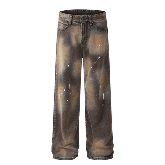 Tie-dye Splash-ink Loose Straight Leg Wide Leg Fashion Men's Loose Designer Baggy  Vintage Stone Washed Jeans Pants for Men